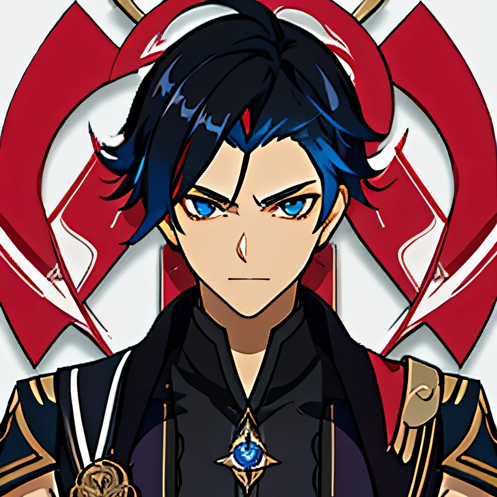 a male anime,single character, style Hyacinthe Rigaud, black suite, short black hair with white highlights, barba, visual novel sprite, detailed black armor, high qualiy, cinematic, dramatic pose, details Intricate, swirly vibrant colors, work of art, impacto genshin.