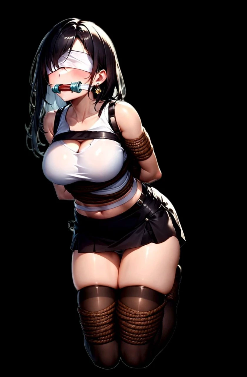 (masterpiece), best quality, ultra detailed, natural side lightning, tifa lockhart, 1girl, shiny skin, long hair, blush, bangs, large breasts, cleavage, black hair, thighhighs, navel, bare shoulders, jewelry, (white underwear), collarbone, full body, thighs, earrings, indoors, sleeveless, day, midriff, black thighhighs, miniskirt, black skirt, skindentation, arms behind back, (bound), tank top, bondage, rope, nature, restrained, office, legs together, ((blindfold)), pantyshot, gag, gagged, white tank top, bound legs, suspension, crying, tears