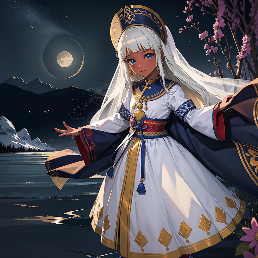 最high quality、high quality、10 years old、Brightly embroidered folk costumes from Central Asia and the Caspian Sea region、Bride Girl、Moonlight meadow、Long dress