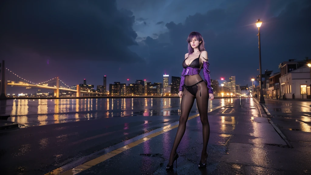 (1girl), masterpiece, photorealistic, 8k, (realistic: 1.2), full body, looking at viewer, pantyhose, purple hair, (kafka: 1.2), walking, beauty, (medium breasts: 1.2) night, night sky, city, cityscape, rain, (dramatic: 1.2)