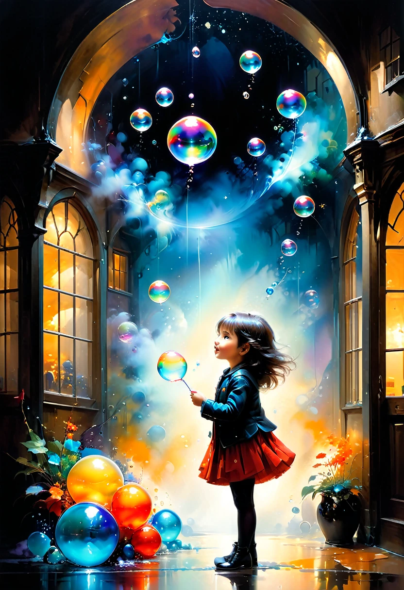 Create a super high-resolution 3D image of a  inflating and playing with huge, iridescent soapy bubbles inside a cozy, well-lit house. The  should be joyful and focused, with their mum smiling and watching nearby. Capture the warm, inviting interior and the magical, reflective quality of the bubbles, making the scene feel dynamic and lifelike.