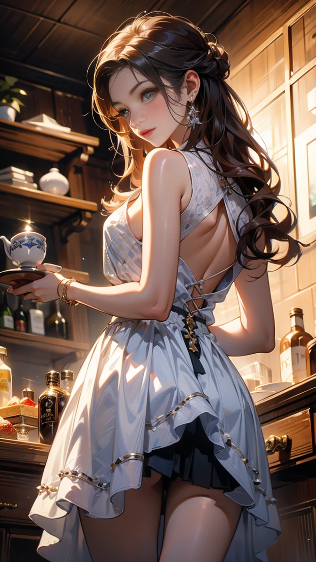 (masterpiece, Highest quality), (Ultra-high resolution, 8k RAW photos, Photorealistic:1.5, Fabric Shading, Thin contours), Beautiful mature woman preparing a tea party in the garden, (Tea set, you can, Tea cup, Some cakes on a plate), Gothic Table, (伝統的なダークブラウンのMaid clothesを着用, Maid clothes:1.2, Long Flared Skirt, apron), tall and leggy, Long white hair, Wearing borderless grass, (Mature Woman:1.5, 28 years old, alone), ( Tight waist), (Long white hair, Hair on one eye, Updo, Side Lock, Asymmetrical Hair, Wavy Hair), (Bright Eyes, Fine grain, A face with attention to detail, perfect face shape, Bloodshot eyes), (A seductive smile, Half-close your eyes), (Looking at the audience:1.3), (Dynamic Angle, Thigh focus, From side to bottom:1.2), ((Correct Anatomy:1.5, The right move)), (Ideal body proportions), Outdoor, Glass Garden, ((Garter Stockings))((black thong))