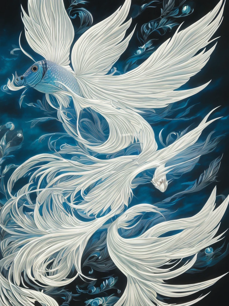 1 fish, ethereal winged fish, glowing white wings, black background, intricate detailed design, oil painting, masterpiece, (best quality,4k,8k,highres,masterpiece:1.2),ultra-detailed