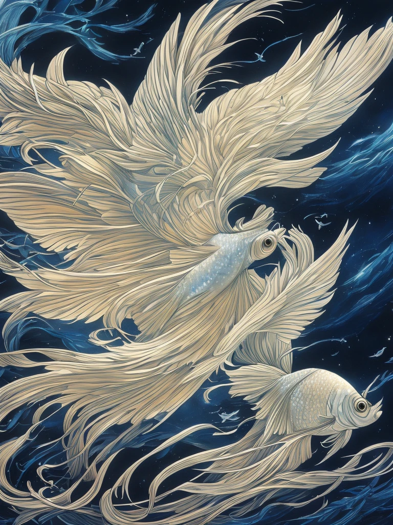 1 fish, ethereal winged fish, glowing white wings, black background, intricate detailed design, oil painting, masterpiece, (best quality,4k,8k,highres,masterpiece:1.2),ultra-detailed