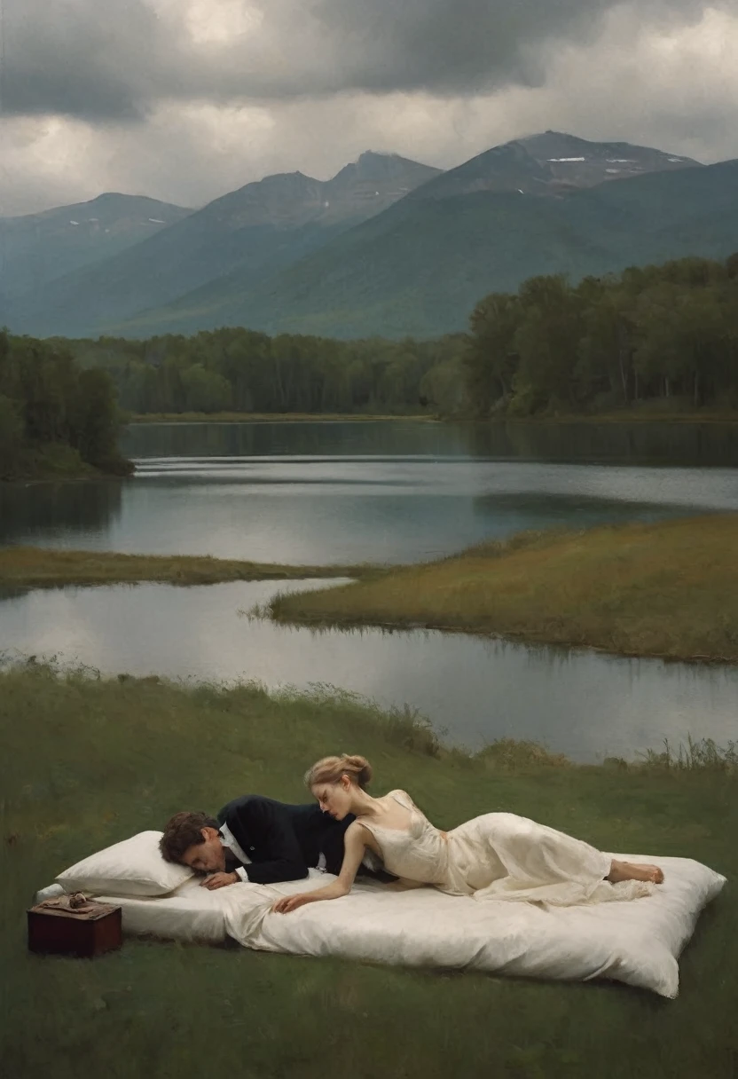 there is a man and a woman laying on a bed next to a lake, monia merlo, by Barbara Balmer, ryan mcginley, vincent desiderio, david hamilton, annie liebovitz photography, photography alexey gurylev, by Alexander Kucharsky, by Annie Leibovitz, very very roberto ferri, photography alexey kurylev, Nicolas Fols