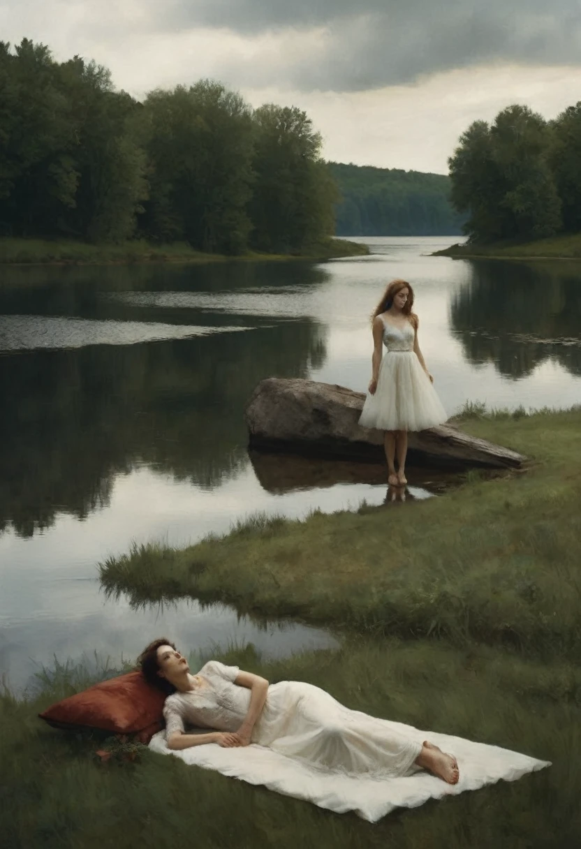 there is a man and a woman laying on a bed next to a lake, monia merlo, by Barbara Balmer, ryan mcginley, vincent desiderio, david hamilton, annie liebovitz photography, photography alexey gurylev, by Alexander Kucharsky, by Annie Leibovitz, very very roberto ferri, photography alexey kurylev, Nicolas Fols