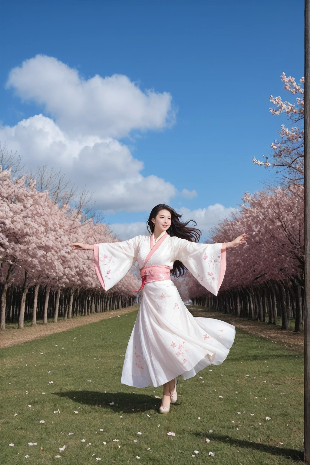 an 8K RAW photo showcases a fantasy world of the highest quality and photorealism.  The scene is a narrative poem brought to life, with particle effects and dynamic lighting that create a depth of written boundary.  Cinematic lighting and lens flare add to the drama, while ray tracing ensures anatomical accuracy in every detail.
At the center of this fantasy world is a beautiful woman with pink hair, her clear eyes and long hair a testament to her beauty.  She dances gracefully, her movements accentuated by the harsh winds of the snowy landscape.  Her hair, caught in the wind, sways, jumps, and dances, a vivid display of motion.
Adorned with jewelry and wearing a white kimono with cherry blossom embroidery, she stands out against the blue sky and white clouds.  The vast grassland, a land of mythology, serves as the backdrop for this spectacular view.  The cherry blossoms, their petals dancing in the wind, add a touch of nature's beauty to the scene.
The woman's hair color, pink, contrasts beautifully with the white cherry blossoms, and the silver earrings she wears catch the light, shining brightly.  This tabletop scene is a testament to the beauty of nature's winds, with the cherry blossoms and their trees creating a serene and enchanting atmosphere.