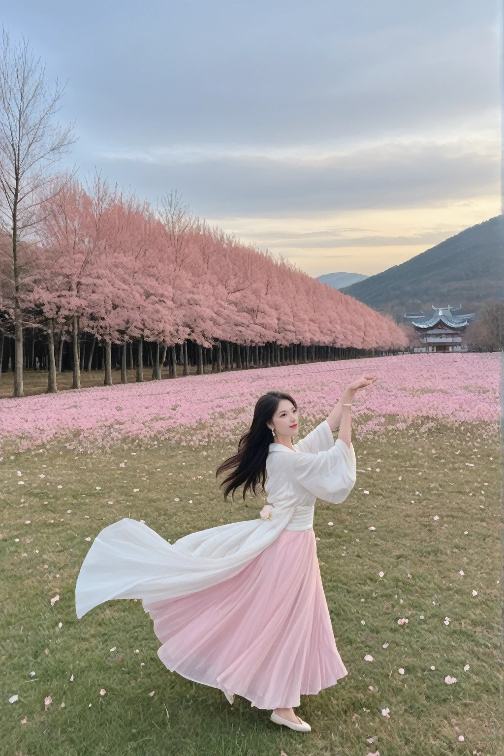 an 8K RAW photo showcases a fantasy world of the highest quality and photorealism.  The scene is a narrative poem brought to life, with particle effects and dynamic lighting that create a depth of written boundary.  Cinematic lighting and lens flare add to the drama, while ray tracing ensures anatomical accuracy in every detail.
At the center of this fantasy world is a beautiful woman with pink hair, her clear eyes and long hair a testament to her beauty.  She dances gracefully, her movements accentuated by the harsh winds of the snowy landscape.  Her hair, caught in the wind, sways, jumps, and dances, a vivid display of motion.
Adorned with jewelry and wearing a white kimono with cherry blossom embroidery, she stands out against the blue sky and white clouds.  The vast grassland, a land of mythology, serves as the backdrop for this spectacular view.  The cherry blossoms, their petals dancing in the wind, add a touch of nature's beauty to the scene.
The woman's hair color, pink, contrasts beautifully with the white cherry blossoms, and the silver earrings she wears catch the light, shining brightly.  This tabletop scene is a testament to the beauty of nature's winds, with the cherry blossoms and their trees creating a serene and enchanting atmosphere.