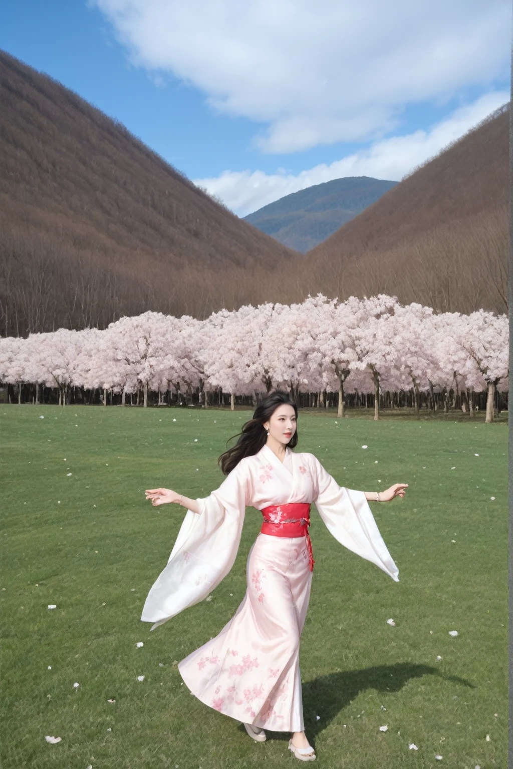 an 8K RAW photo showcases a fantasy world of the highest quality and photorealism.  The scene is a narrative poem brought to life, with particle effects and dynamic lighting that create a depth of written boundary.  Cinematic lighting and lens flare add to the drama, while ray tracing ensures anatomical accuracy in every detail.
At the center of this fantasy world is a beautiful woman with pink hair, her clear eyes and long hair a testament to her beauty.  She dances gracefully, her movements accentuated by the harsh winds of the snowy landscape.  Her hair, caught in the wind, sways, jumps, and dances, a vivid display of motion.
Adorned with jewelry and wearing a white kimono with cherry blossom embroidery, she stands out against the blue sky and white clouds.  The vast grassland, a land of mythology, serves as the backdrop for this spectacular view.  The cherry blossoms, their petals dancing in the wind, add a touch of nature's beauty to the scene.
The woman's hair color, pink, contrasts beautifully with the white cherry blossoms, and the silver earrings she wears catch the light, shining brightly.  This tabletop scene is a testament to the beauty of nature's winds, with the cherry blossoms and their trees creating a serene and enchanting atmosphere.