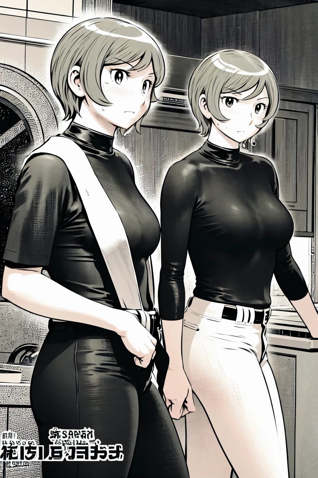 、(masterpiece、Highest quality)、Highest quality, Ultra-high resolution, (((masterpiece))), alone, Sweat、Big eyes,Tight black shirt、Tight white pants、belt、indoor、Composition from the front、(Cut the back hair short、short hair、blonde、woman)、Shortcuts、Embarrassed face、Cut your hair short、可愛いwomanの子、Big Breasts、Inside the room、Full Color、Baseball uniform