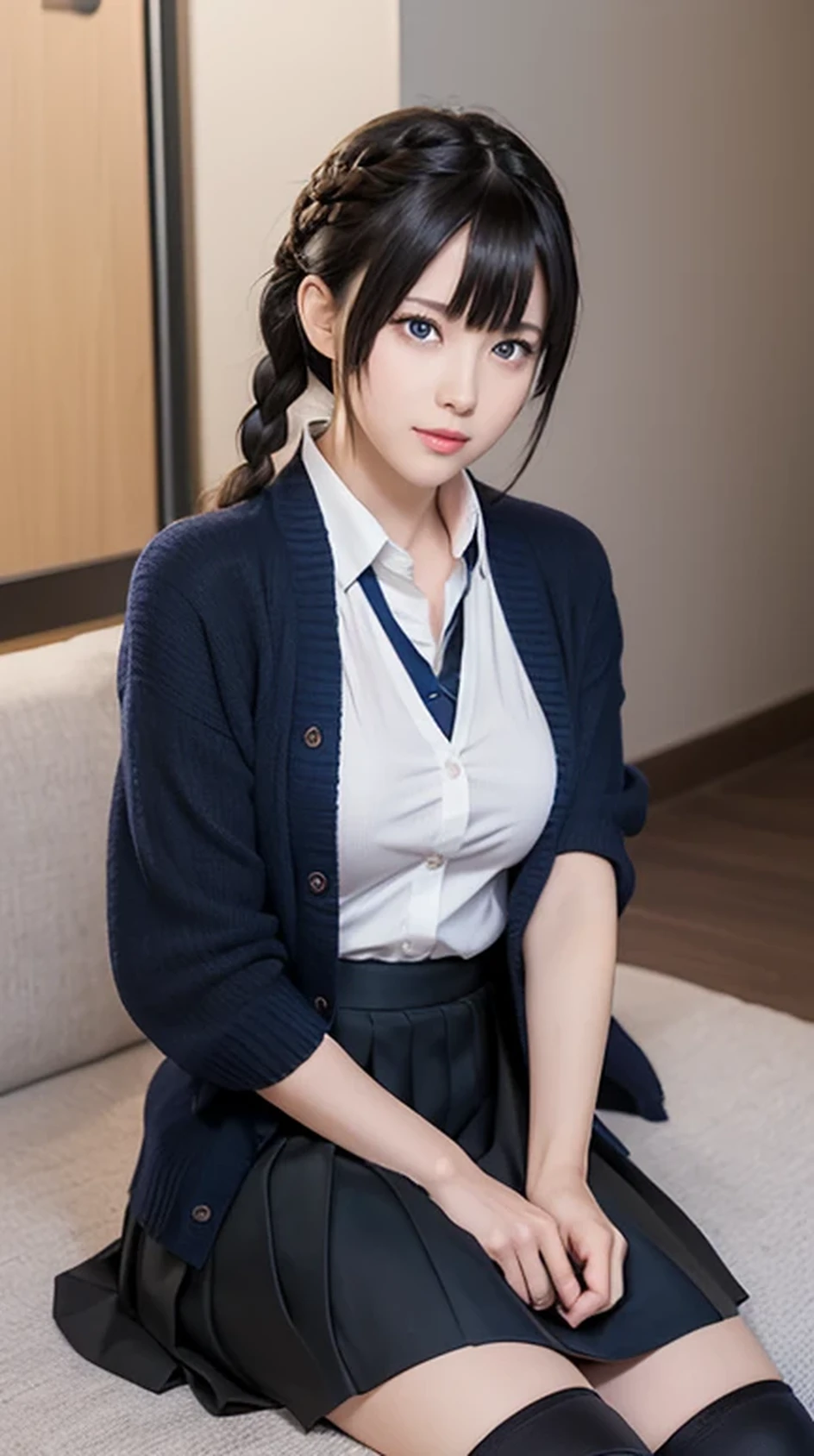 the drawing depicts an anime style woman wearing a skirt and knee socks, 1girl, solo, shigure (kancolle), skirt, blue eyes, braid, ahoge, pleated skirt, skirt pull, sitting, single braid, cardigan, black skirt, hair over shoulder, , blush