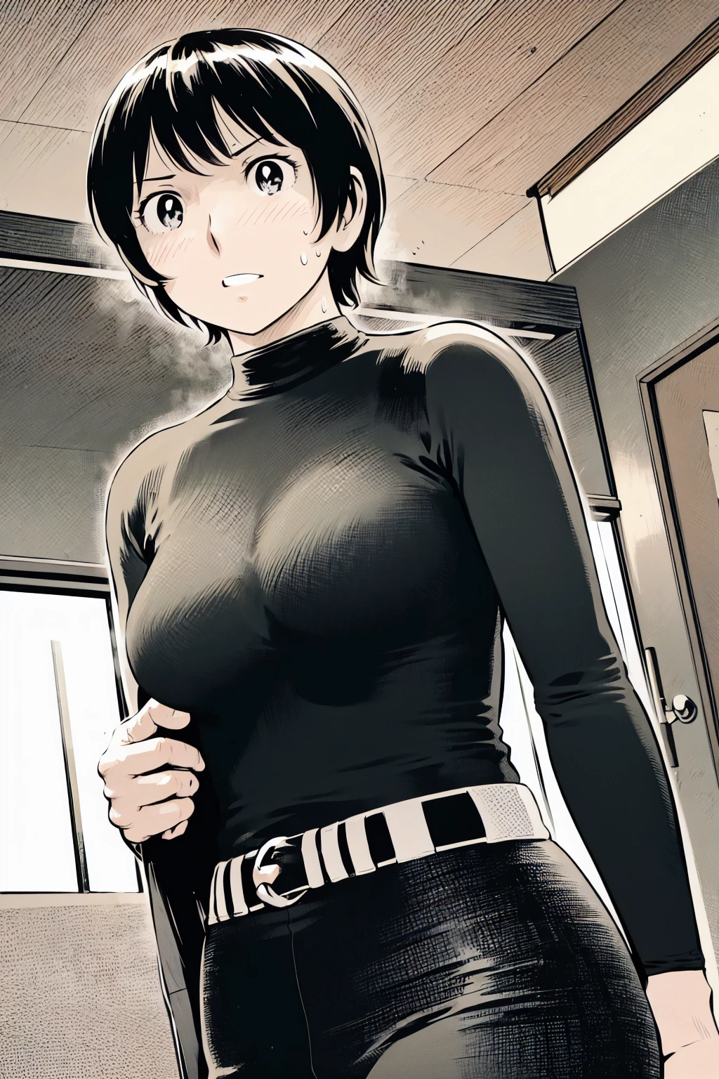 、(masterpiece、Highest quality)、Highest quality, Ultra-high resolution, (((masterpiece))), alone, Sweat、Big eyes,Tight black shirt、Tight white pants、belt、indoor、Composition from the front、(Cut the back hair short、short hair、blonde、woman)、Shortcuts、Embarrassed face、Cut your hair short、可愛いwomanの子、Big Breasts、Inside the room、Full Color、Baseball uniform