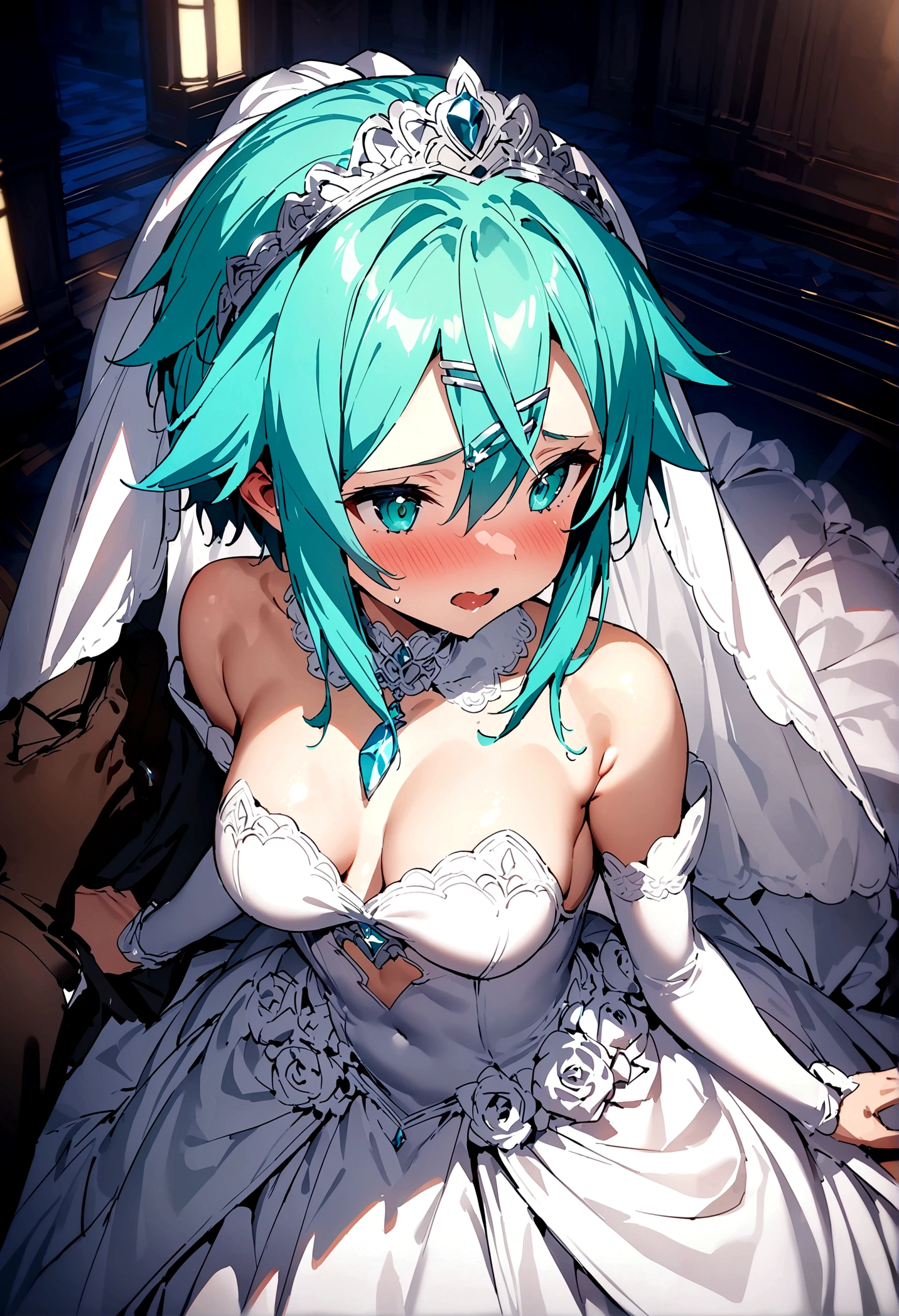 NSFW,masterpiece,Highest quality,High resolution,Super detailed,Sinon\(Sword Art Online\),(High quality sexy wedding dress),(Tight Dress),Wedding Veil,tiara,gem, hair ornaments, Hair Clip,wedding ring,Embarrassed,expectant face,(Lust),blush,Church at night in the moonlight,Luxurious Room,wedding,From above