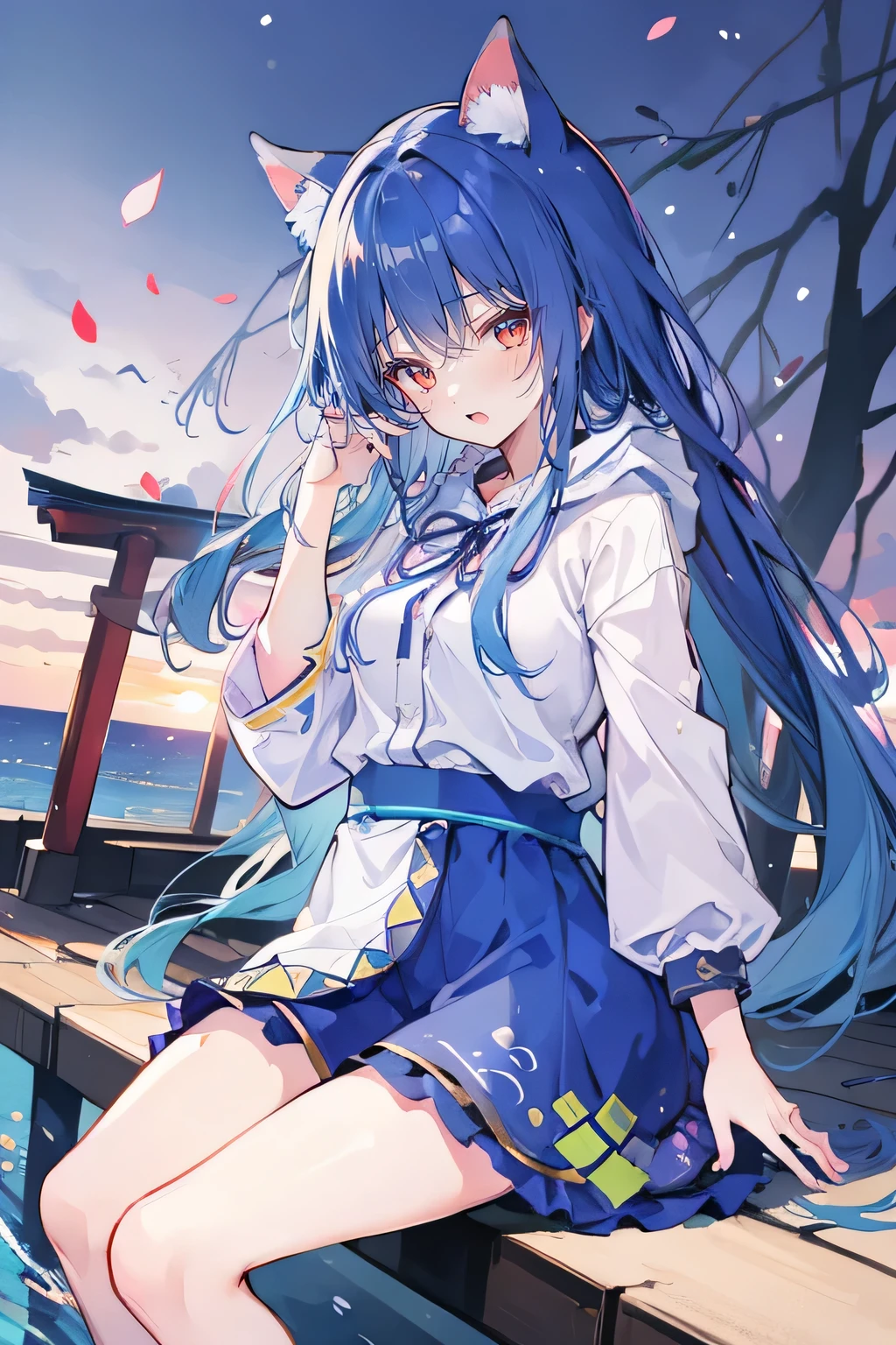 (masterpiece:1.2),Super detailed,lifelike,Expressive eyes,fair skin,perfect face shape,1 girl,
Japanese comics,Gorgeous blue hair,flowing blue hair,flowing clothes,Cat ears,Petals fall,beautiful lola,Baby Angel,sunrise,
Shaking head with one hand,Cross your legs,Gentle and peaceful background,The pavilion is cool and comfortable,smile, wearing hoodie, background of tokyo,back views,snowing, winter,seaside,wet clothes,A smile,A faint smile,。