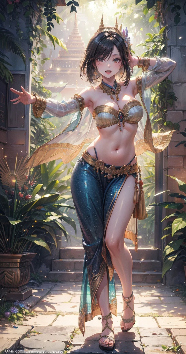 (Masterpiece:1.5), (((High qualityสุด, best quality, High quality))), ((complicated details, very detailed, Crazy details)), height, 32ก, Extremely detailed CG 8K unity wallpaper., (beautiful and beautiful:1.2),, (depth of field:1.3), (Flawless.:1.3), (Delicate depiction of details:1.4),
(((Abundant natural light, Delightful bright colors))), (Ambient volumetric backlight:1.5),  (Illustration of an extremely beautiful young woman:1.3), (perfect center:1.4), (Natural willow pose:1.5), (((dynamic poses, movie corner))),
(1milf:1.5), (alone:1.4),
beautiful beautiful face, [(detailed face:1.2):0.2], Bright eyes, Pure Rose Face_v1, ulzzang-6500-v1.1,  (gag:1.5), (red lips:1.4), (full lips:1.4), (smile:1.3),
Flawless attractive body, (((The feminine curves are pronounced.))), Skin glows brightly., realistic skin, hair follicles, (((Tightening belly, navel, Groin:1.3))),
(((Golden thread flutters.))), (Fringed tassels:1.3), (Tight long sleeves:1.4), (Single neck), (The invention shines.:1.5),(Strapless Thai dress with no straps:1.3),(Show your breasts,The crevice is clear.), (Elegant and intricate clothing accessories:1.5), (Embroidery work decorated with gems:1.4), (sparkling clothes:1.4), (sparkling particles:1.3), (((The front seam is sagging., Sagging back seam))), (((earring, armband, Hair clips, hair accessories))), (Stand alone in a magical outdoor garden decorated with gems and colorful exotic flowers and shrubs.:1.5), (Outside the great ancient palace:1.5),(((full body))),(((ขับnavel,List of dances,Thai Dance))),(((2 young women,beautiful woman)))