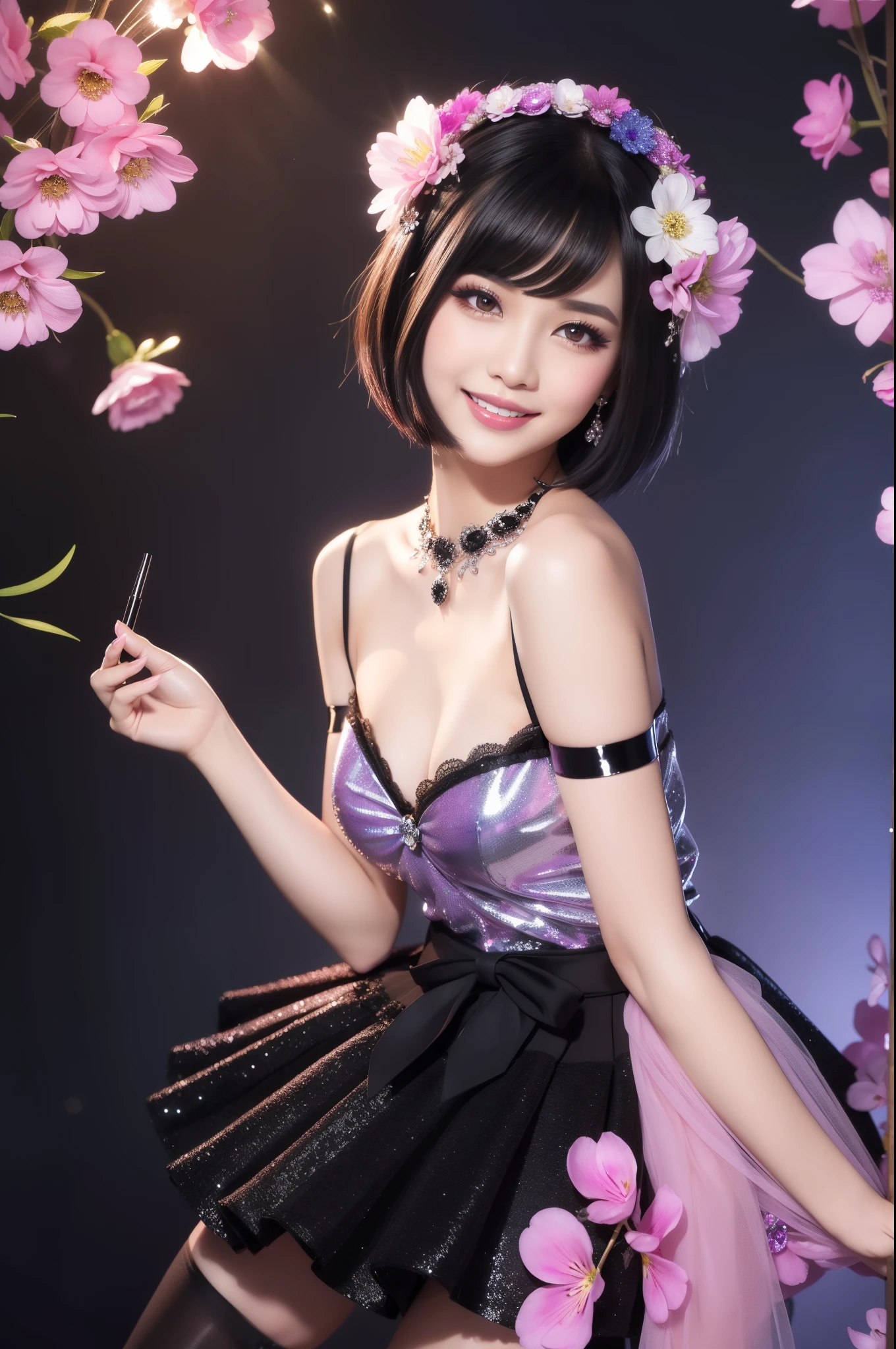 beautiful Thai model who controls poison、beautiful smile、lipgloss、long lashes、smokey eyeshadow、eyeliner、defined brows、look at the camera、full body Esbian、、sparkling poisoned flower costume、、、、sparkling Colorful short hair、secrete poison、skull hair accessories, ultra detailed black tights、shiny sparkling flowers background