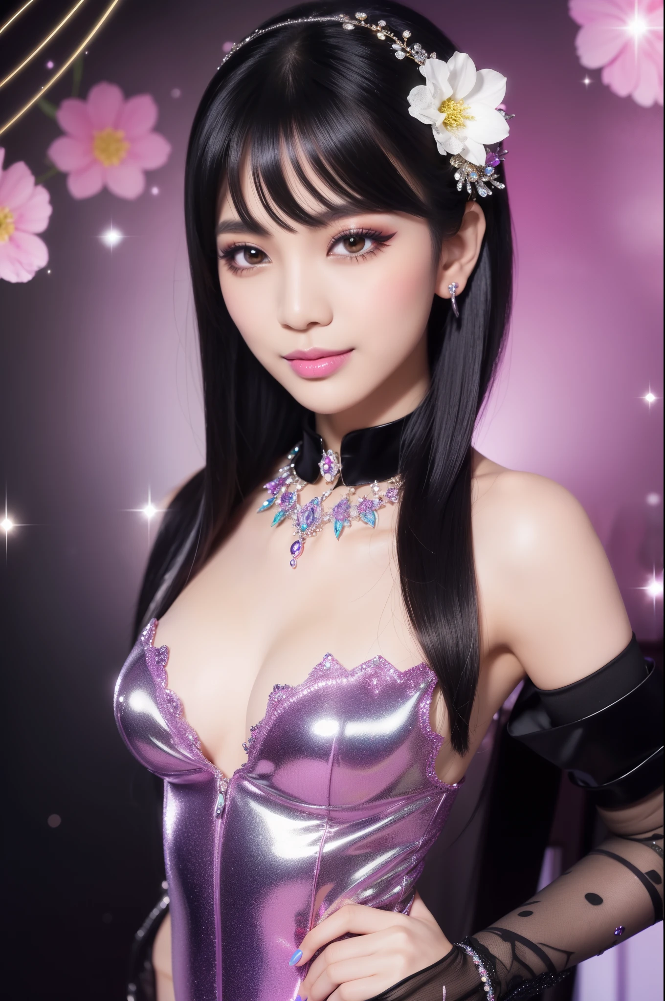 beautiful Thai model who controls poison、beautiful smile、lipgloss、long lashes、smokey eyeshadow、eyeliner、defined brows、look at the camera、full body Esbian、、sparkling poisoned flower costume、、、、sparkling Colorful short hair、secrete poison、skull hair accessories, ultra detailed black tights、shiny sparkling flowers background