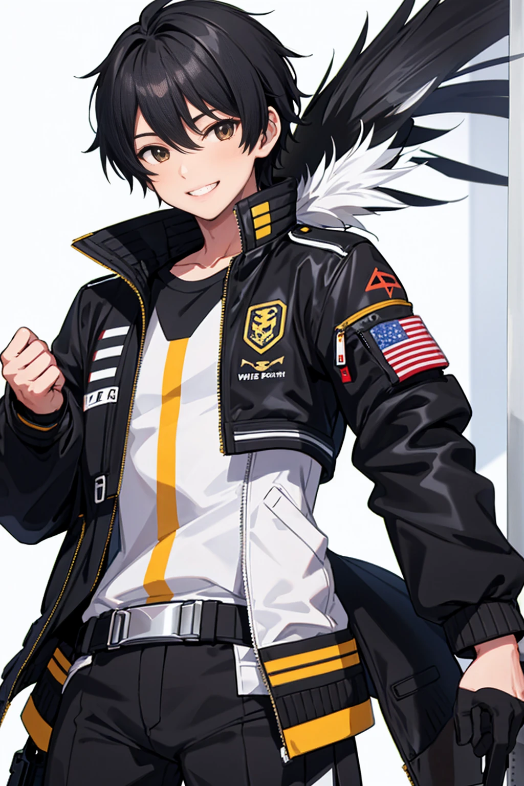 whole body,Standing posture, (Black Hair,Shortcuts,) (male,youth,good looking,),(Flight jacket,Symphogia style,) smile,(White background) 