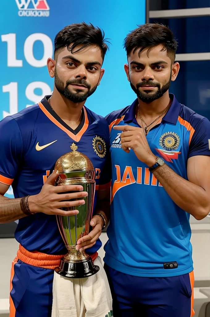 Virat Kohli holding the T20 World Cup trophy and a boy wearing Indian jersey number 18 seeing him in tv and joyous tears