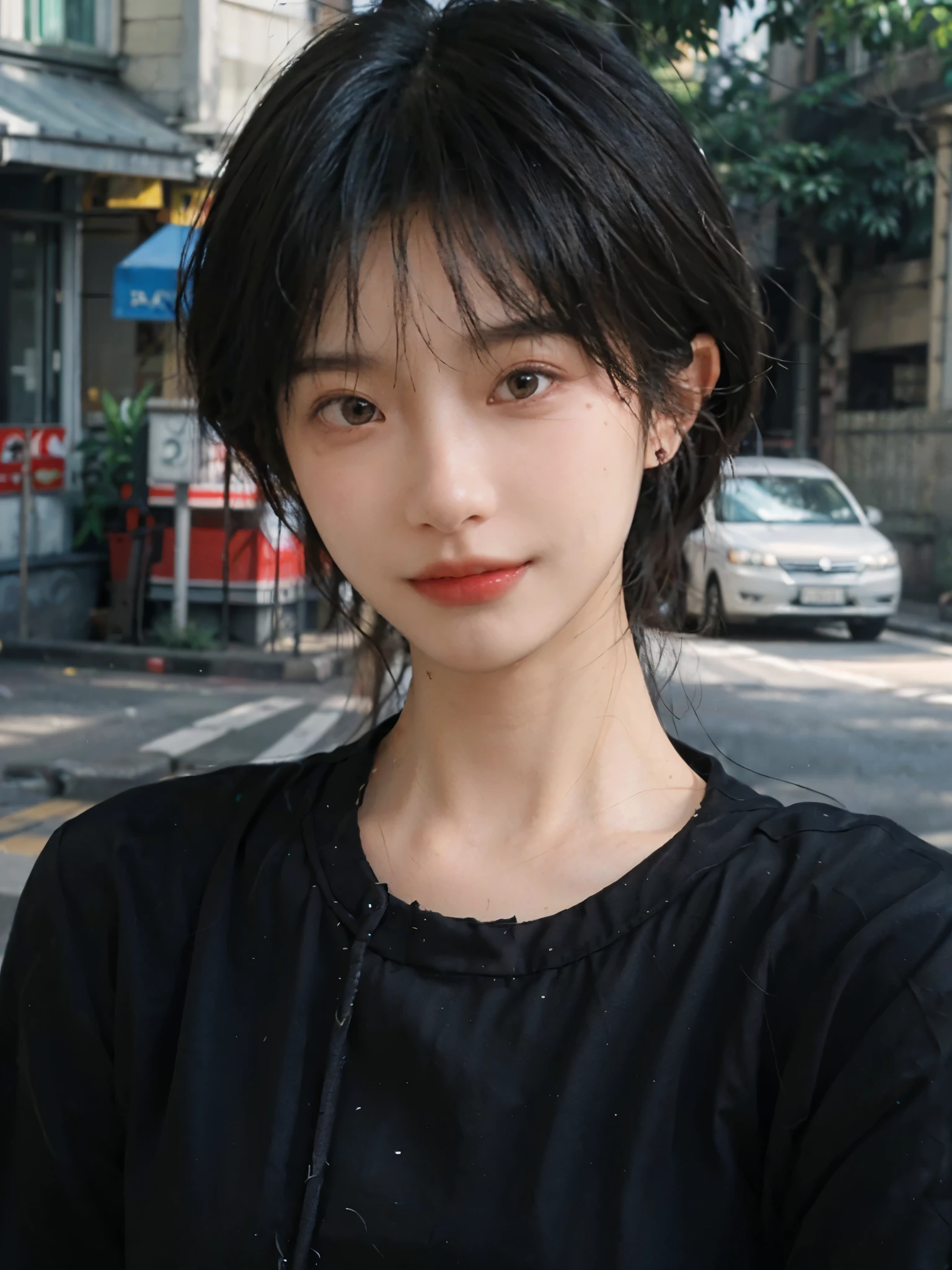 (Skin details:1.4), (smooth skin textures:1.3), （Upper body：1.4），（Upper Body：1.3)，(Black clothes:1.4)，Lipstick, background, earrings, serene, calm, (Realistic and detailed eyes：1.2）, Natural skin texture, Realistic facial details, Soft dramatic lighting, Vivid details, 35 mm film, outdoor, (Photo Practical:1.4), (hyper Practical:1.4), (Practical:1.3), (Smoother lighting:1.05), (Improve lighting quality:0.9), (Highest quality real skin textures:1.4), Exquisite eyes, Delicate face, Close-up of face, (Enhance the beauty of skin texture:1.1),0Normal body proportions, short hair, Moles under the eyes, A faint smile,Portrait Photography, Depth of Field, Bokeh, Surrealism, Ray Tracing, (Portrait Photography:1.1), Surrealism, High Detail, Chiaroscuro, Ray Tracing, reflected light, Ultra HD, Ultra HD, masterpiece, Textured Skin, Super Detail, High Detail, high quality, best quality