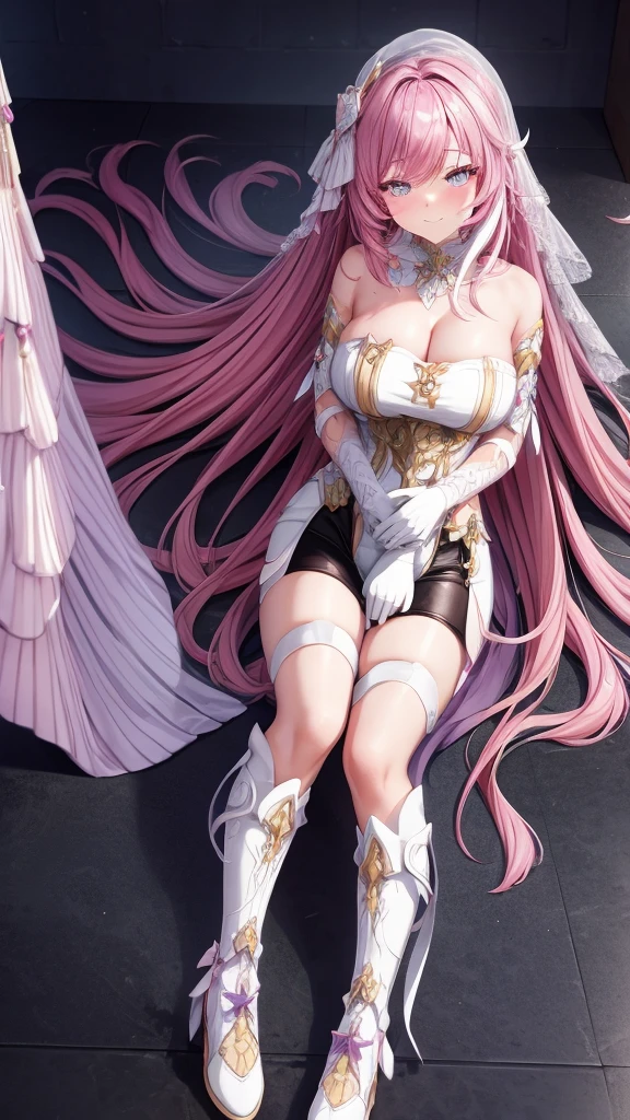 1gril,elysia,pink hair,veil,Purple pupils,Diamond pattern,White shoes,boots,White gloves,dress,Black shorts,Leg ring,Lie down,floor,Large Breasts,Cleavage,indoor,from above