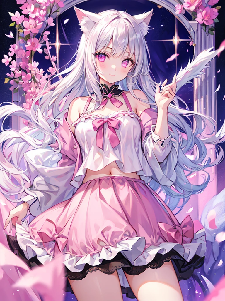 Highly detailed face,fine grain,Sparkling eyes,Highlighted eyes,Medium chest,pretty girl, bewitching smile,Longing eyes,Cat ear, Beautiful silver hair,Pink inside,Beautiful pink eyes,Oversized shirt,skirt