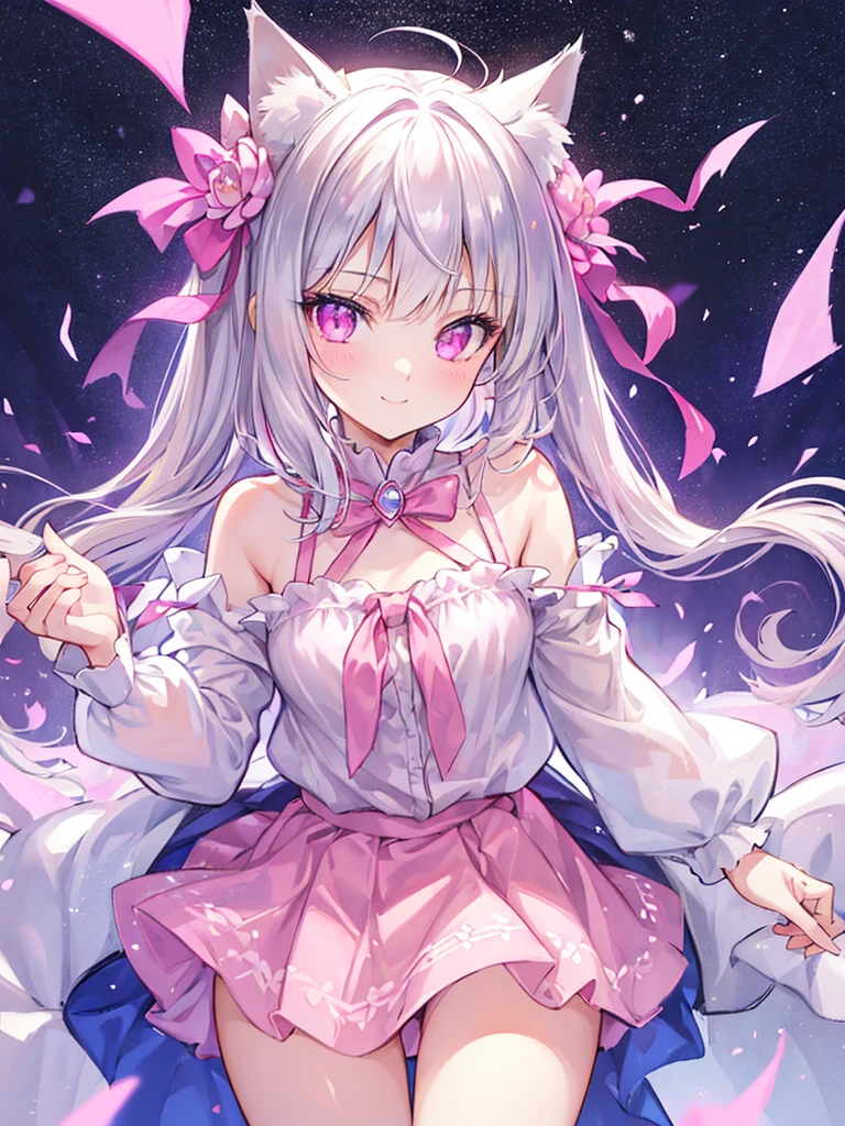 Highly detailed face,fine grain,Sparkling eyes,Highlighted eyes,Medium chest,pretty girl, bewitching smile,Longing eyes,Cat ear, Beautiful silver hair,Pink inside,Beautiful pink eyes,Oversized shirt,skirt