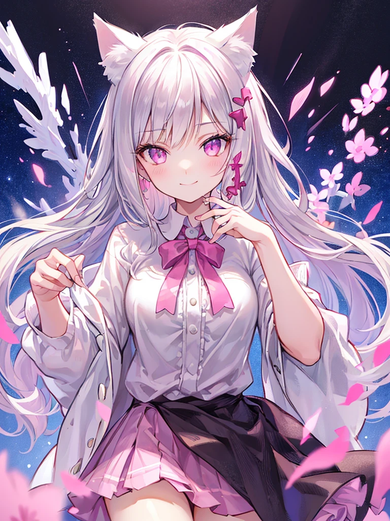 Highly detailed face,fine grain,Sparkling eyes,Highlighted eyes,Medium chest,pretty girl, bewitching smile,Longing eyes,Cat ear, Beautiful silver hair,Pink inside,Beautiful pink eyes,Oversized shirt,skirt