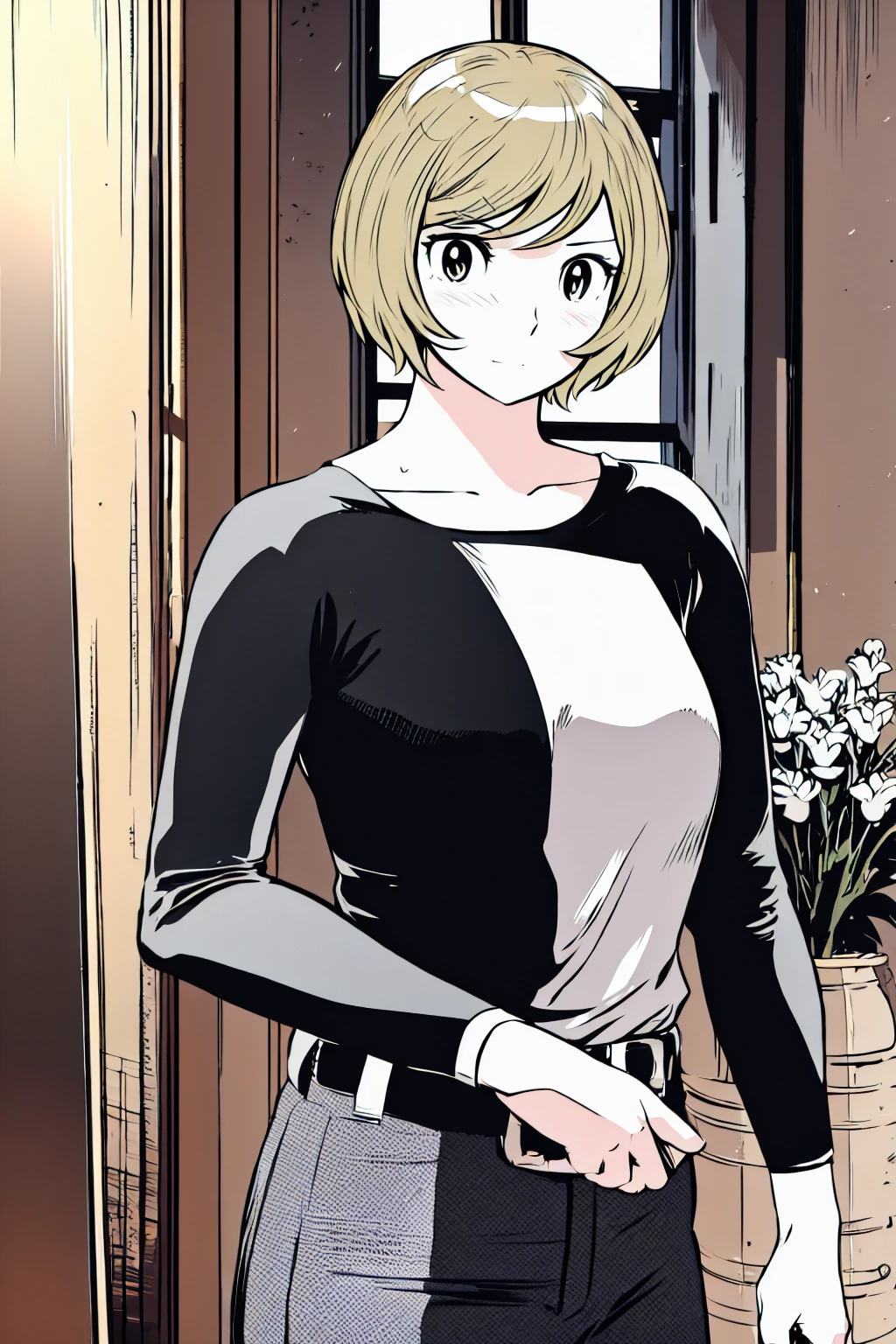 、(masterpiece、Highest quality)、Highest quality, Ultra-high resolution, (((masterpiece))), alone, Sweat、Big eyes,Tight black shirt、Tight white pants、belt、indoor、Composition from the front、(Cut the back hair short、short hair、blonde、woman)、Shortcuts、Embarrassed face、Cut your hair short、可愛いwomanの子、Big Breasts、Inside the room、Full Color、Baseball uniform