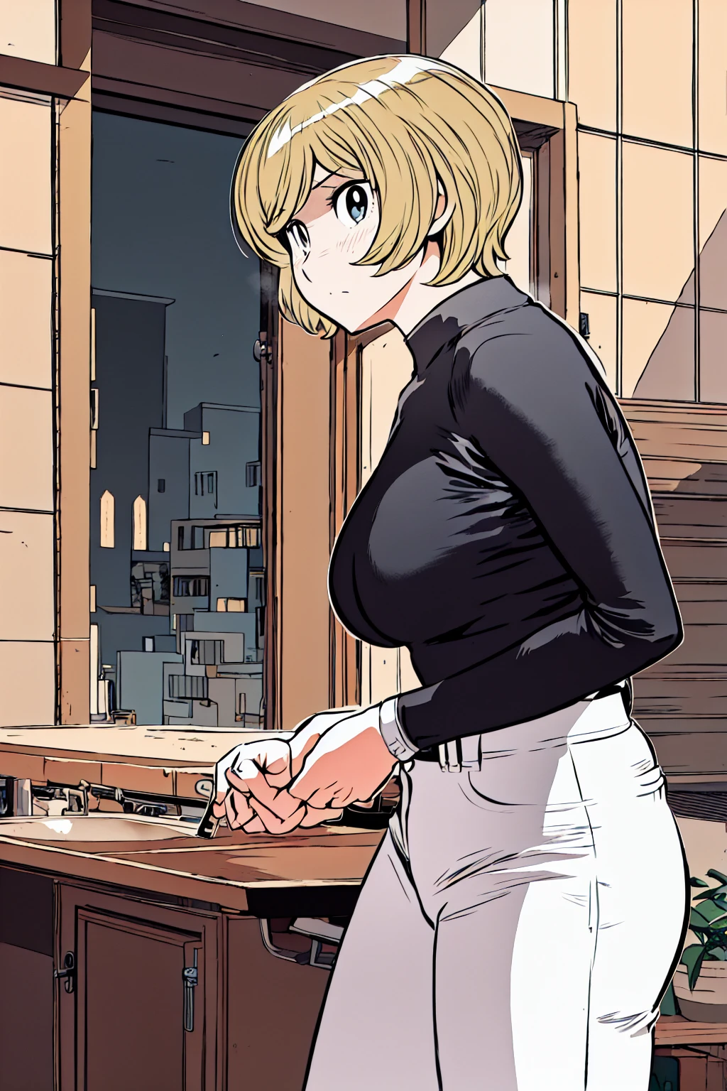 、(masterpiece、Highest quality)、Highest quality, Ultra-high resolution, (((masterpiece))), alone, Sweat、Big eyes,Tight black shirt、Tight white pants、belt、indoor、Composition from the front、(Cut the back hair short、short hair、blonde、woman)、Shortcuts、Embarrassed face、Cut your hair short、可愛いwomanの子、Big Breasts、Inside the room、Full Color、Baseball uniform