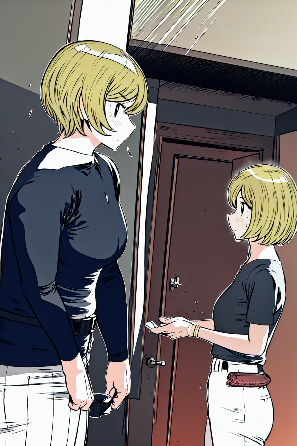 、(masterpiece、Highest quality)、Highest quality, Ultra-high resolution, (((masterpiece))), alone, Sweat、Big eyes,Tight black shirt、Tight white pants、belt、indoor、Composition from the front、(Cut the back hair short、short hair、blonde、woman)、Shortcuts、Embarrassed face、Cut your hair short、可愛いwomanの子、Big Breasts、Inside the room、Full Color、Baseball uniform