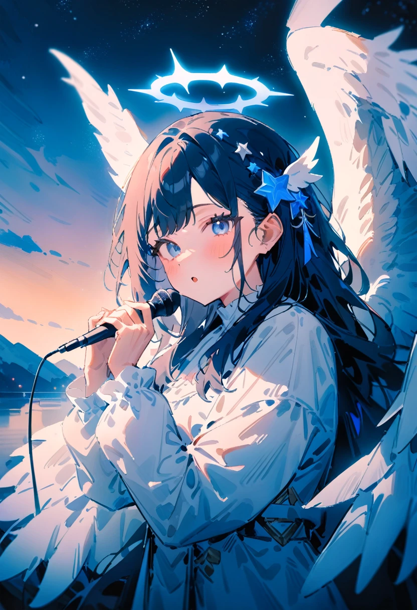 masterpiece, best quality, very aesthetic, absurdres, newest, 1girl, solo, long hair, looking at viewer, singing, bangs, blue eyes, black hair, hair ornament, long sleeves, upper body, outdoors, wings, sky, star \(symbol\), halo, star \(sky\), feathered wings, starry sky, angel wings, white wings, angel,