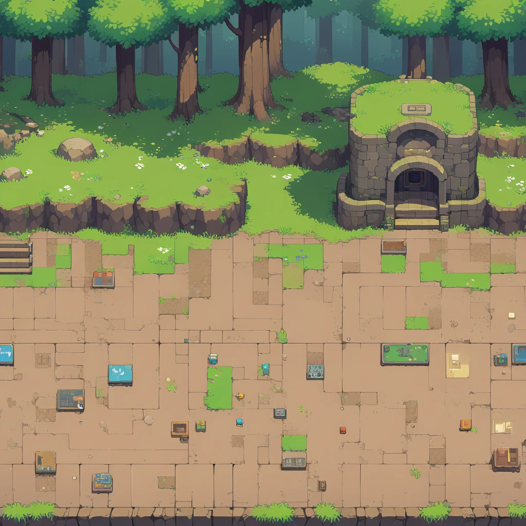 retro video game style,pixelated pastel colors,8-bit characters,blocky shapes,sharp lines,detailed shading,classic gaming vibe,nostalgic atmosphere,classic arcade games,masterpiece:1.2,ultra-detailed,illustration style, 2d texture, stone texture, 4 k seamless mud texture, video game texture, dirt texture, tileset, game tiles, grass, trees, rock texture, forest, topdown view, game texture, game art, dirt, , tileable texture, top down view, 3/4th perspective