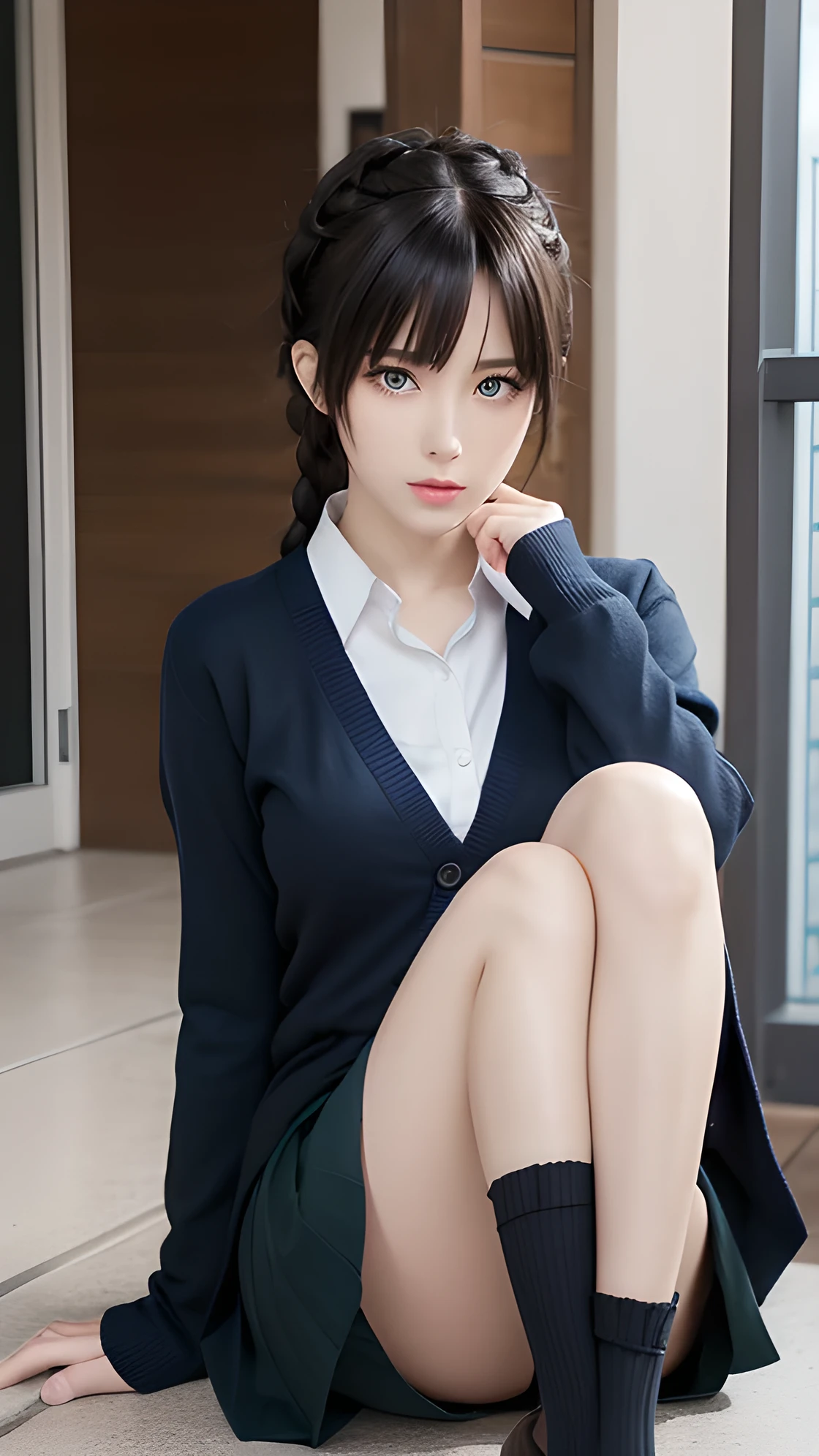the drawing depicts an anime style woman wearing a skirt and knee socks, 1girl, solo, shigure (kancolle), skirt, blue eyes, braid, ahoge, pleated skirt, skirt pull, sitting, single braid, cardigan, black skirt, hair over shoulder, , blush