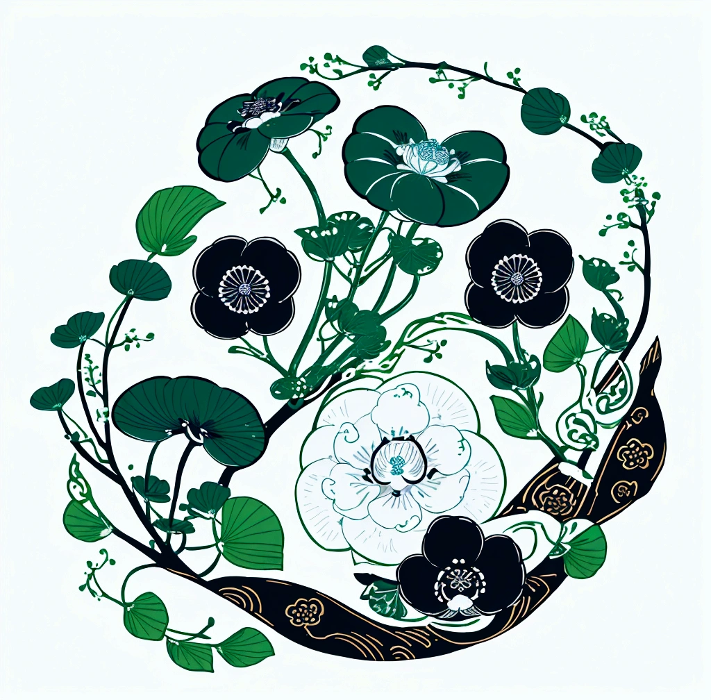 create a Japanese circular seal kamon in the size of the area on a white background,an indigo-green circle with a leaf pattern in the middle showing 3 gingko leaves growing towards each other with Japanese finger waves reaching into the gaps, inspired by Masamitsu Ōta, inspired by Katsushika Ōi, intricate art deco leaf designs, inspired by Shūbun Tenshō, inspiriert von Ogata Kōrin, inspired by Ogata Gekkō, inspired by Sakai Hōitsu,(no illustration of humans or animals )