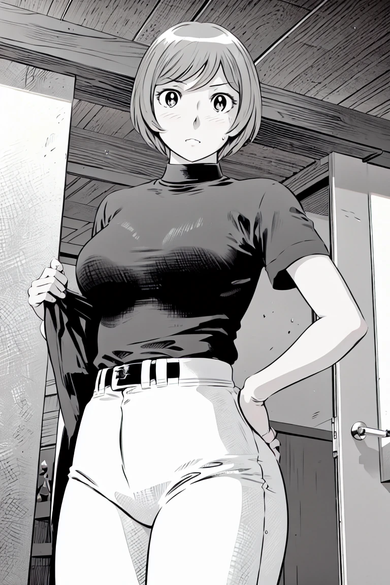 、(masterpiece、Highest quality)、Highest quality, Ultra-high resolution, (((masterpiece))), alone, Sweat、Big eyes,Tight black shirt、Tight white pants、belt、indoor、Composition from the front、（Cut the back hair short、short hair、blonde、woman）、Shortcuts、Embarrassed face、Cut your hair short、可愛いwomanの子、Big Breasts、Inside the room、Full Color、Baseball uniform