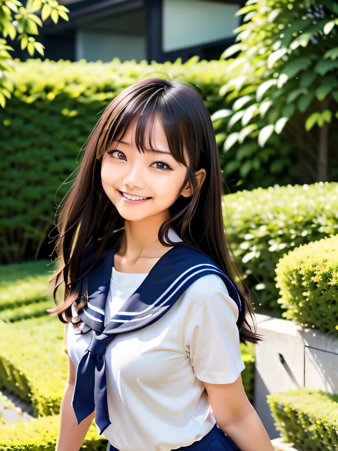 indoor, A young Asian woman wearing a Japanese school sailor uniform is turning around and posing, Wearing a navy blue sailor suit, wearing Japanese , Japanese girl , Japanese , A young and cute gravure idol, Looking back, Young Gravure Idol, Japanese model, cute ,Japanese girls wearing school uniforms, Young and thin gravure idol, portrait of a Japanese , Long Straight Hair, Girl with straight black hair, dancing, Posing, Jumping, Face that faithfully reproduces the face of LoRA, High resolution, Very detailed, Natural Bangs, highest quality
