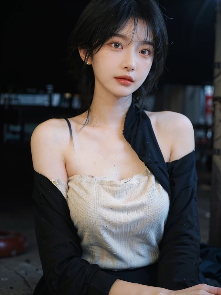 (Skin details:1.4), (smooth skin textures:1.3), （Upper body：1.4），（Upper Body：1.3)，(Black clothes:1.4)，(Off-shoulder：1.4），Lipstick, background, earrings, serene, calm, (Realistic and detailed eyes：1.2）, Natural skin texture, Realistic facial details, Soft dramatic lighting, Vivid details, 35 mm film, outdoor, (Photo Practical:1.4), (hyper Practical:1.4), (Practical:1.3), (Smoother lighting:1.05), (Improve lighting quality:0.9), (Highest quality real skin textures:1.4), Exquisite eyes, Delicate face, Close-up of face, (Enhance the beauty of skin texture:1.1),0Normal body proportions, short hair, Moles under the eyes, A faint smile,Portrait Photography, Depth of Field, Bokeh, Surrealism, Ray Tracing, (Portrait Photography:1.1), Surrealism, High Detail, Chiaroscuro, Ray Tracing, reflected light, Ultra HD, Ultra HD, masterpiece, Textured Skin, Super Detail, High Detail, high quality, best quality