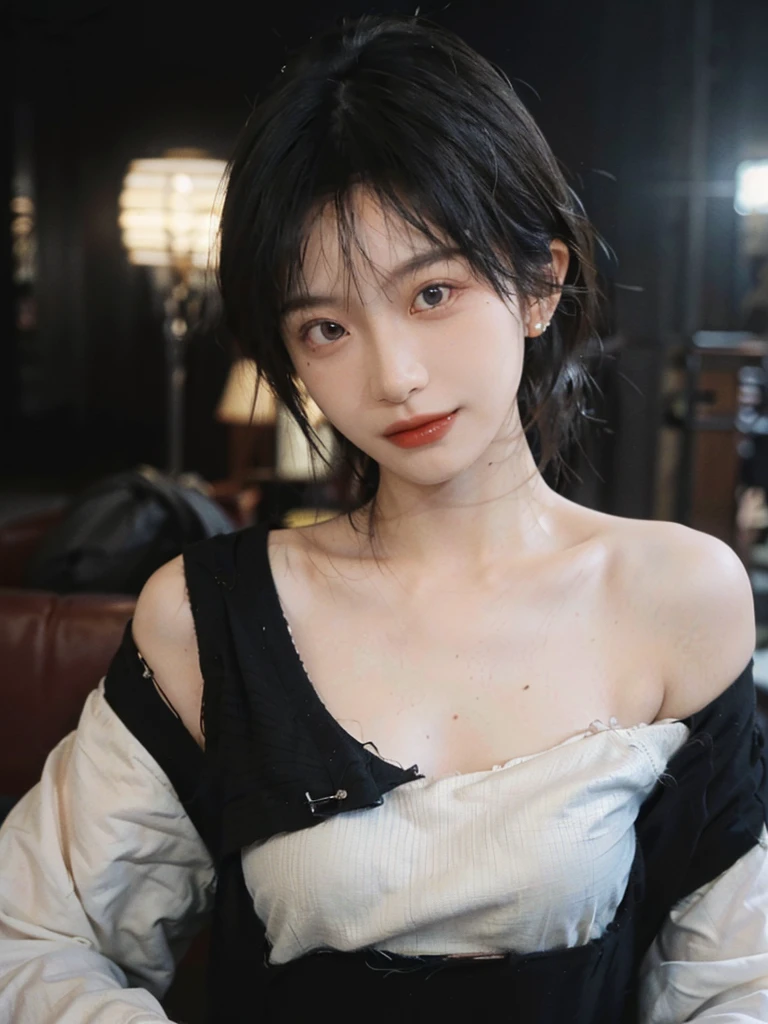 (Skin details:1.4), (smooth skin textures:1.3), （Upper body：1.4），（Upper Body：1.3)，(Black clothes:1.4)，(Off-shoulder：1.4），Lipstick, background, earrings, serene, calm, (Realistic and detailed eyes：1.2）, Natural skin texture, Realistic facial details, Soft dramatic lighting, Vivid details, 35 mm film, outdoor, (Photo Practical:1.4), (hyper Practical:1.4), (Practical:1.3), (Smoother lighting:1.05), (Improve lighting quality:0.9), (Highest quality real skin textures:1.4), Exquisite eyes, Delicate face, Close-up of face, (Enhance the beauty of skin texture:1.1),0Normal body proportions, short hair, Moles under the eyes, A faint smile,Portrait Photography, Depth of Field, Bokeh, Surrealism, Ray Tracing, (Portrait Photography:1.1), Surrealism, High Detail, Chiaroscuro, Ray Tracing, reflected light, Ultra HD, Ultra HD, masterpiece, Textured Skin, Super Detail, High Detail, high quality, best quality
