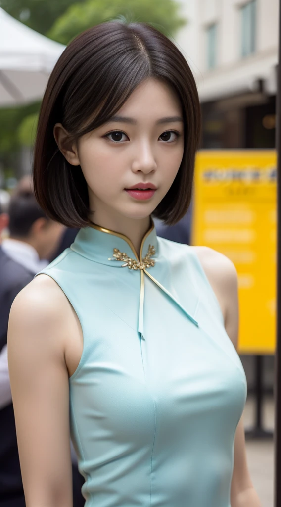 A beautiful girl, exquisite facial features, exquisite face, black Hong Kong style short hair, exquisite hairstyle, beautiful and pure, refined temperament, model figure, slim and slender figure, noble cheongsam, upper body close-up, 8k resolution, the highest picture quality, real texture 5.0, Cosmo Lady, street, chairman secretary, mature women, thin face
