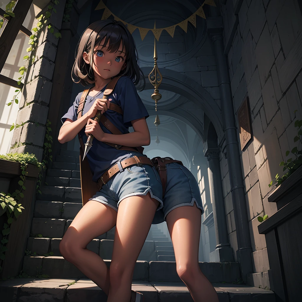 最high quality、high quality、Simple cloth clothing、10Year old girl adventurer、Climb the maze stairs、Shorts、Equipped with a dagger and a shield、In a dark maze