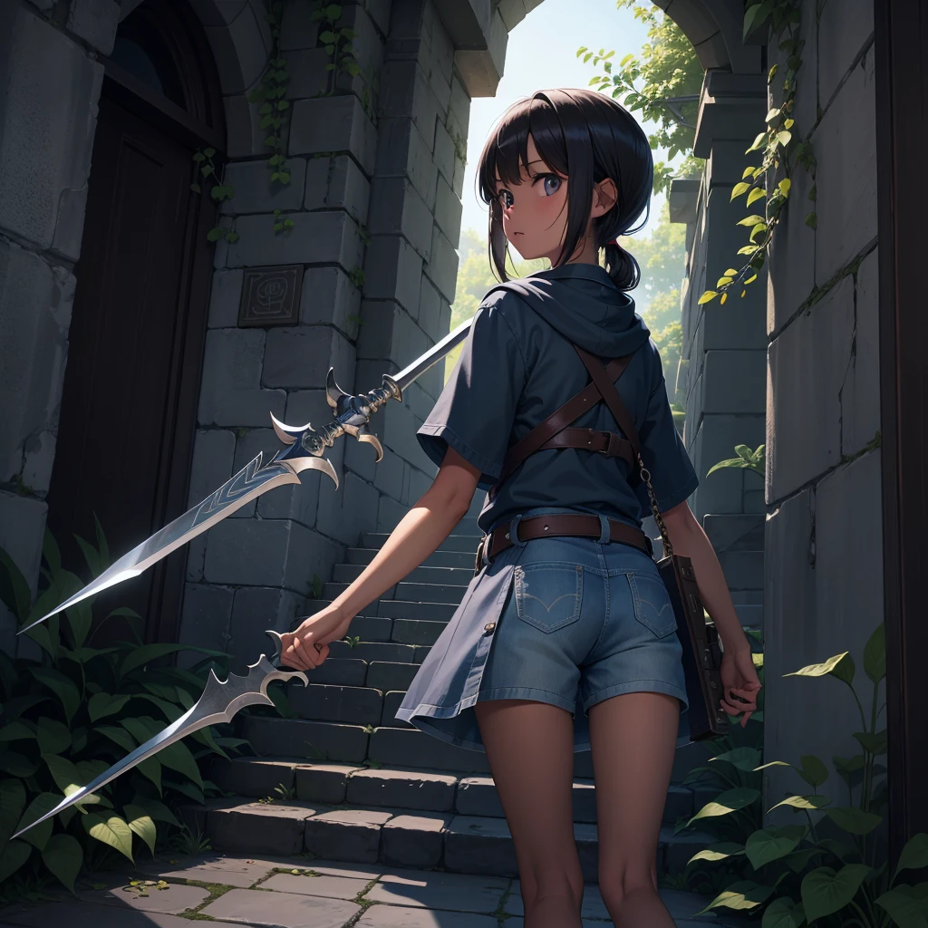 最high quality、high quality、Simple cloth clothing、１０Year old girl adventurer、Climb the maze stairs、Shorts、Equipped with a dagger and a shield、In a dark maze