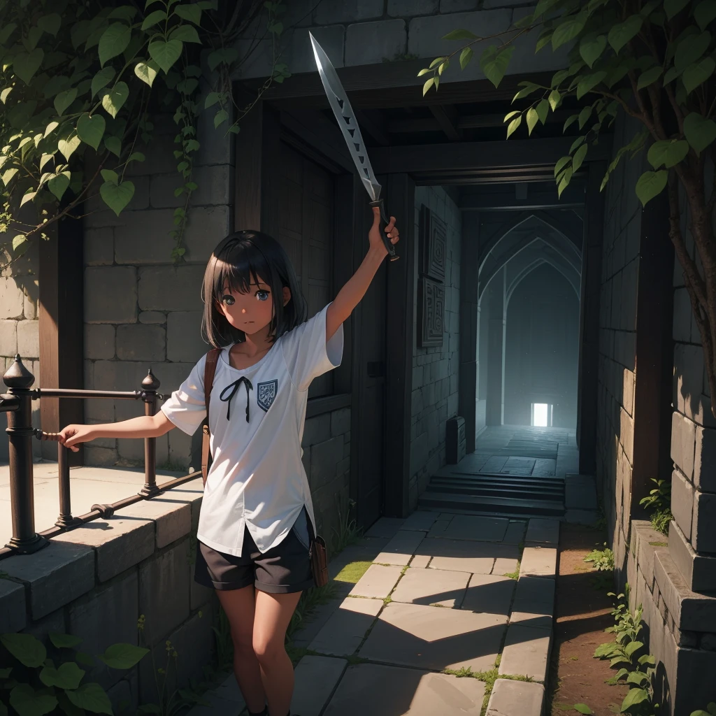 最high quality、high quality、Simple cloth clothing、10Year old girl adventurer、Climb the maze stairs、Shorts、Equipped with a dagger and a shield、In a dark maze