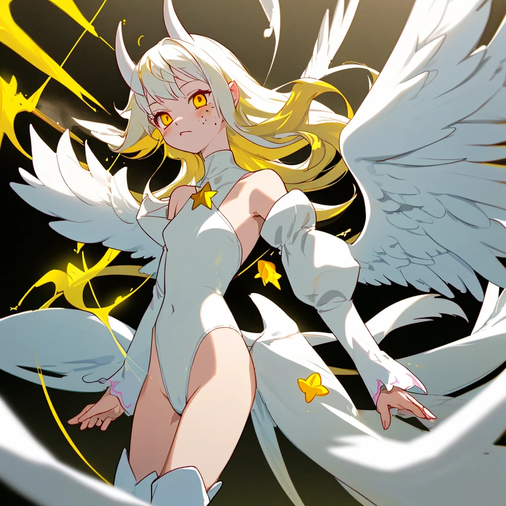 Egg-colored demon girl + Wear a white swimsuit with sleeves + white boots + It has white wings over black on its hips. + long yellow hair + yellow eyes + There is a small yellow star on the left cheek. + has a white tail + white ribbon + He has gray-white horns. + Has a black collar + There is a white shawl that leaves the middle