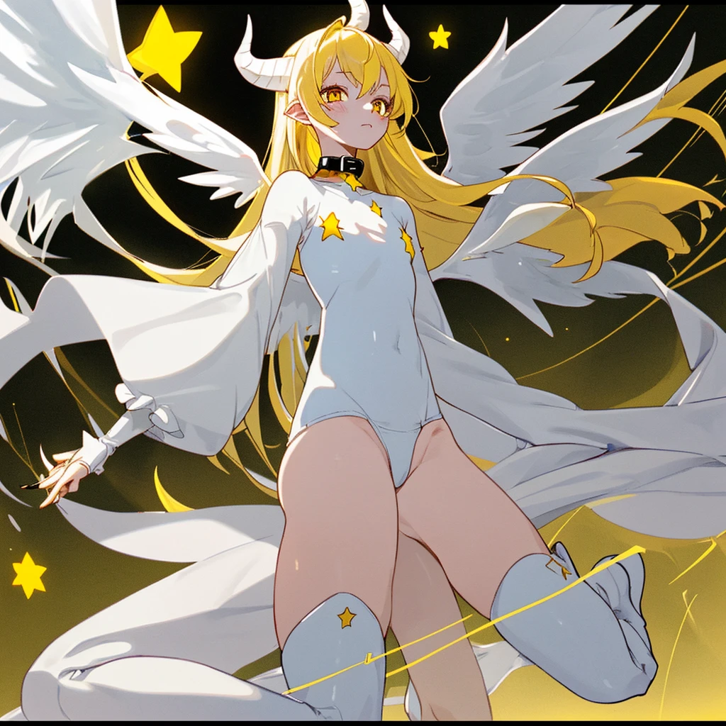 Egg-colored demon girl + Wear a white swimsuit with sleeves + white boots + It has white wings over black on its hips. + long yellow hair + yellow eyes + There is a small yellow star on the left cheek. + has a white tail + white ribbon + He has gray-white horns. + Has a black collar + There is a white shawl that leaves the middle