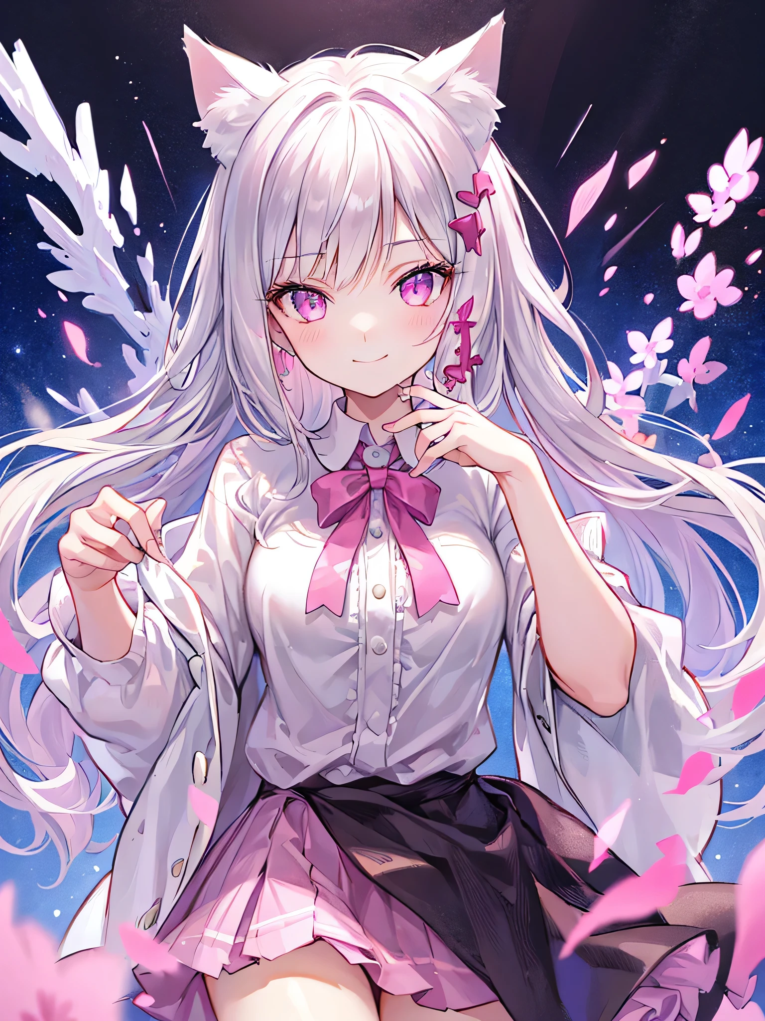 Highly detailed face,fine grain,Sparkling eyes,Highlighted eyes,Medium chest,pretty girl, bewitching smile,Longing eyes,Cat ear, Beautiful silver hair,Pink inside,Beautiful pink eyes,Oversized shirt,skirt