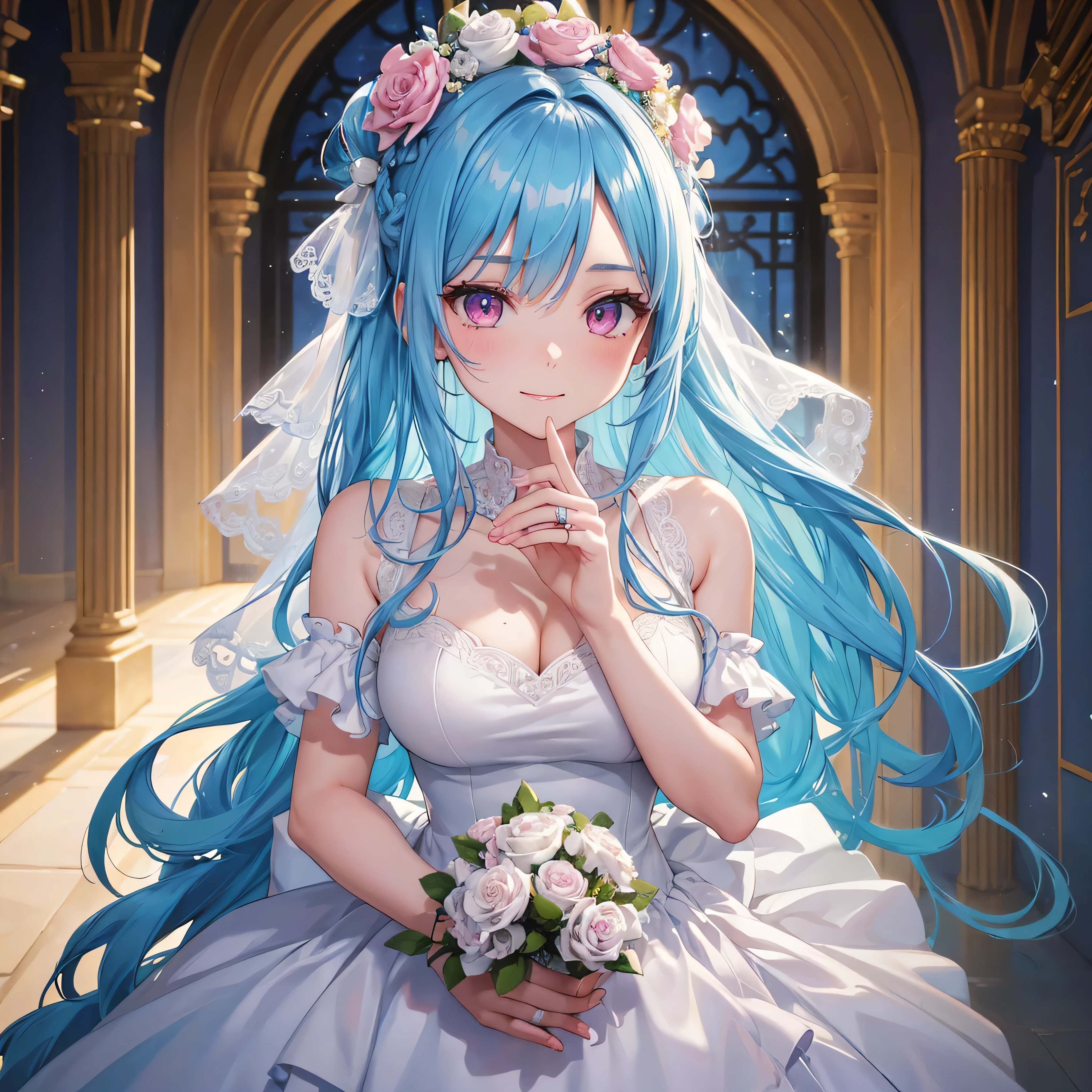 Sky blue hair, (One braided ponytail),(Pink Eyes),Fair skin ,(whole body),(One girl),bride,A big smile,Straight bangs, 6月のbride,Wedding dress,(masterpiece, Highest quality, Very detailed, Best Shadow), (Detailed Background), (Beautifully detailed face), High Contrast, (Best lighting, Very delicate and beautiful), ((Cinematic Light)), colorful, Hyper Detail, Dramatic Light, Intricate details,Chapel background,A bouquet of roses in the right hand,Ring on left ring finger,