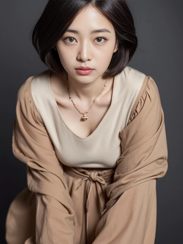 (Highest quality、8K、32k、masterpiece、Hmph:1.2)、Photo of a Japanese woman in her 30s、Very short bob hair、Upper Body、Dark brown long sleeve dress、Simple Necklace、Shooting from above、Don&#39;Don&#39;t look at the audience、(Realistic、Photorealistic:1.37)、1 Girl、Photographed in natural light、Physically Based Rendering、Excellent image quality、High resolution、1080P、(Detailed facial depiction)、(Detailed description of the hands)、(Detailed CG)、Rich details、(exquisite features)、(Best image quality)、(masterpiece)、(Beautiful Eyes)、Delicate clavicle、Various poses、profile、White wall、In front of a white door、(窓のあるWhite wallの部屋)、Earrings、Laughter、Spring Clothes、 Shortcuts、short hair