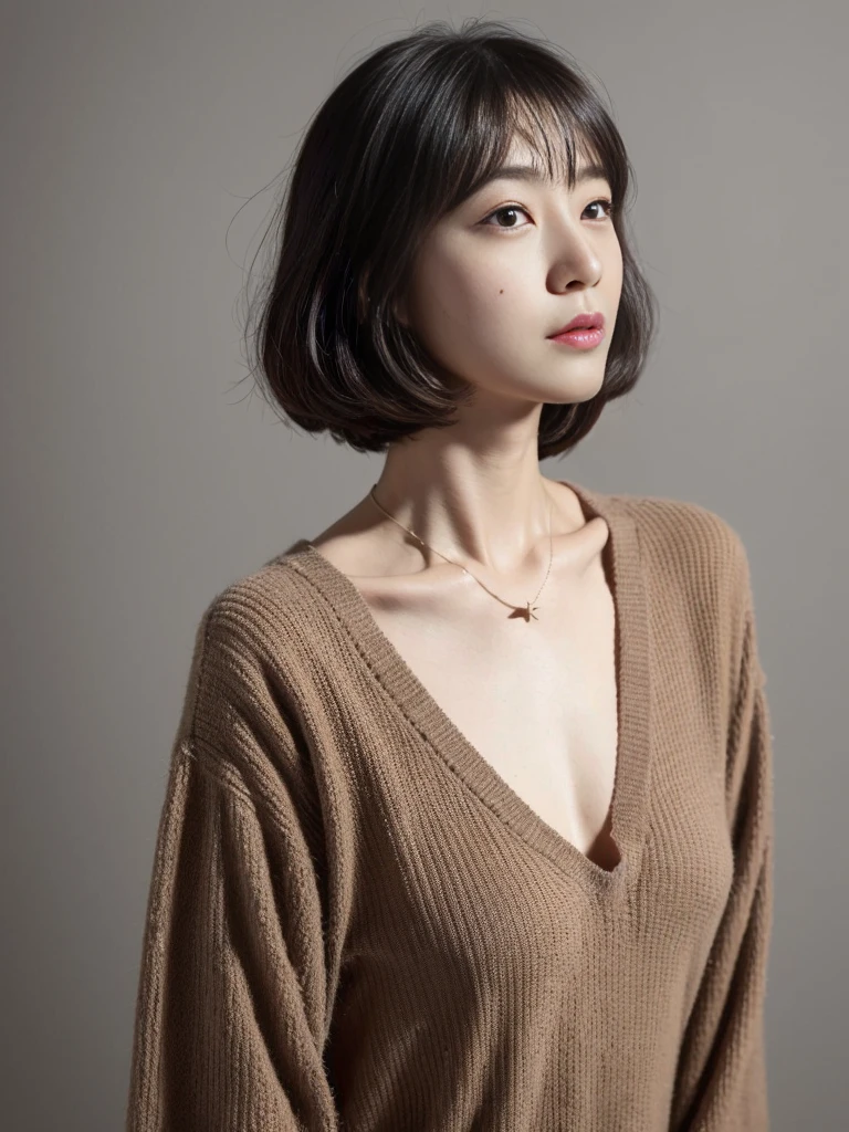 (Highest quality、8K、32k、masterpiece、Hmph:1.2)、Photo of a Japanese woman in her 30s、Very short bob hair、Upper Body、Dark brown long sleeve dress、Simple Necklace、Shooting from above、Don'Don't look at the audience、(Realistic、Photorealistic:1.37)、1 Girl、Photographed in natural light、Physically Based Rendering、Excellent image quality、High resolution、1080P、(Detailed facial depiction)、(Detailed description of the hands)、(Detailed CG)、Rich details、(exquisite features)、(Best image quality)、(masterpiece)、(Beautiful Eyes)、Delicate clavicle、Various poses、profile、White wall、In front of a white door、(窓のあるWhite wallの部屋)、Earrings、Laughter、Spring Clothes、 Shortcuts、short hair