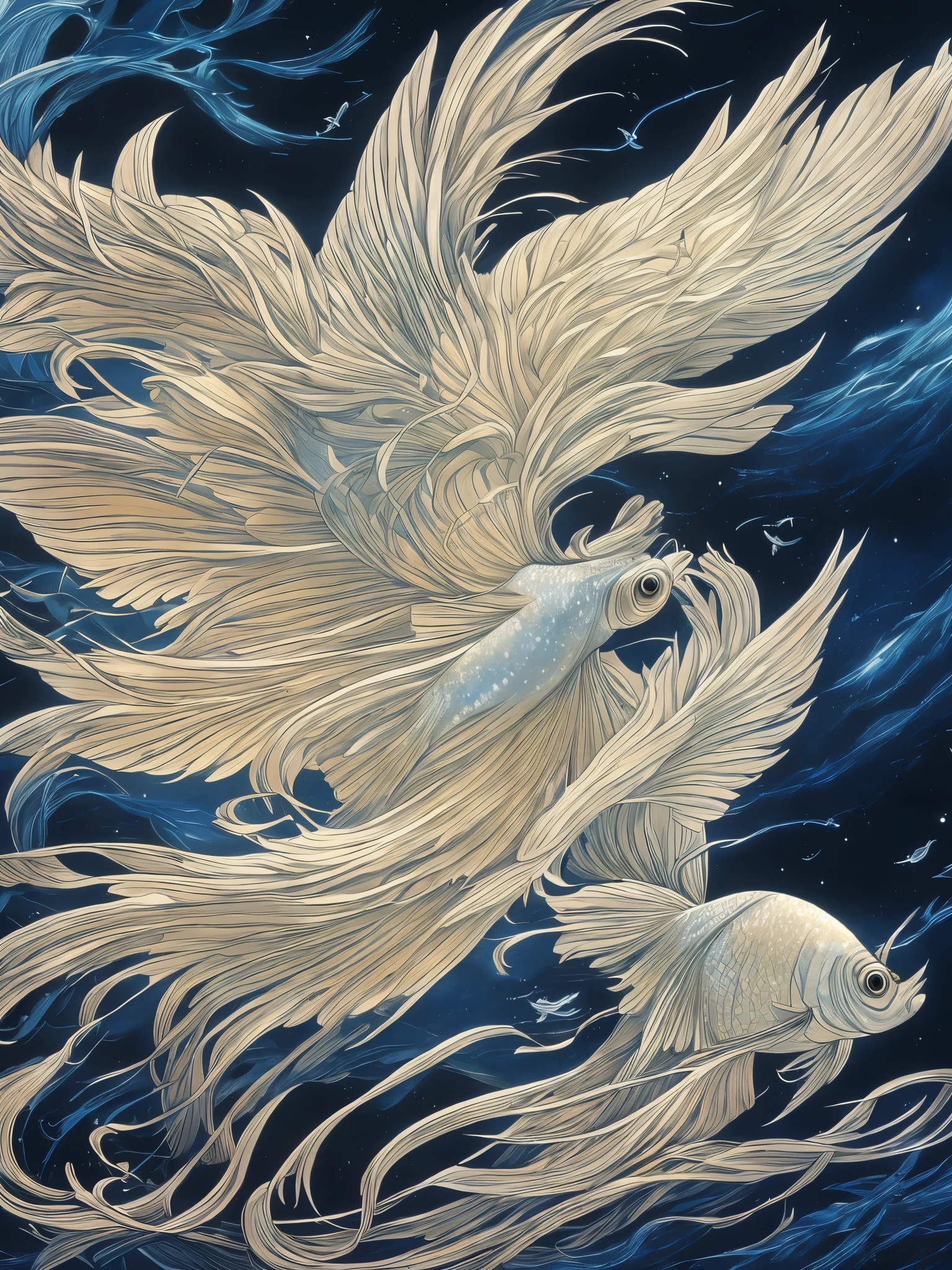 1 fish, ethereal winged fish, glowing white wings, black background, intricate detailed design, oil painting, masterpiece, (best quality,4k,8k,highres,masterpiece:1.2),ultra-detailed